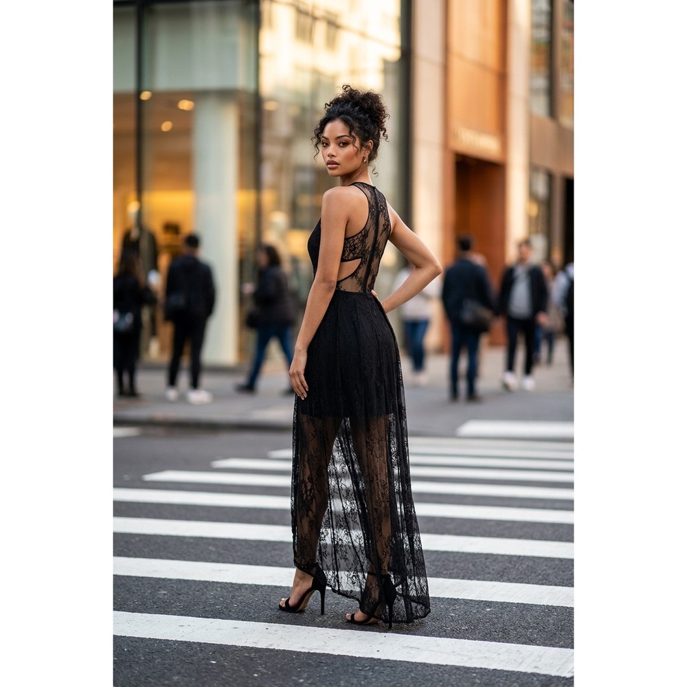 JS Collection Black Lace Maxi Dress Sheer Skirt High‎ Slit Racerback Cutout Gown